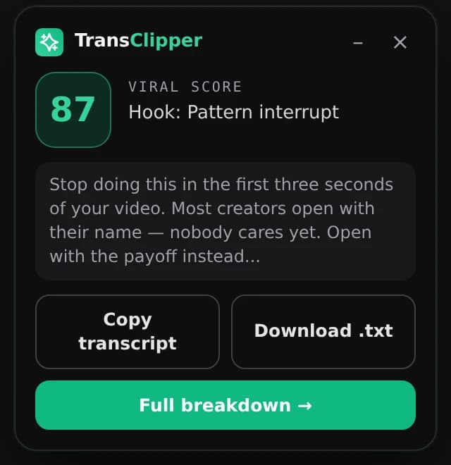 Viral score 87 with hook type and transcript on a video page